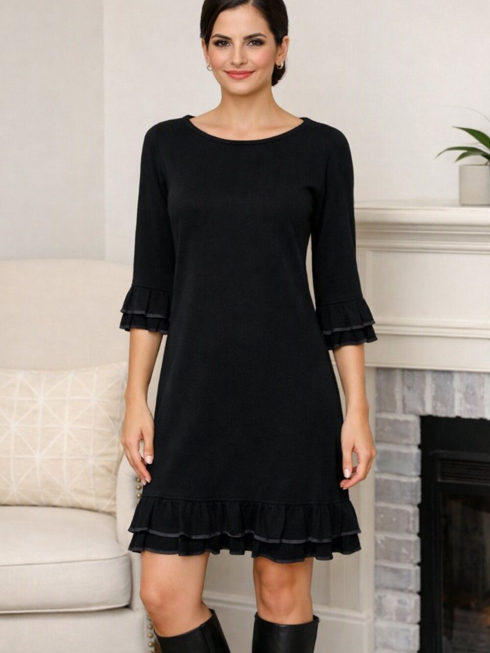 Jessica Howard Knit Sweater 3/4 SleeveRuffled Dress Black with Charcoal Accent M